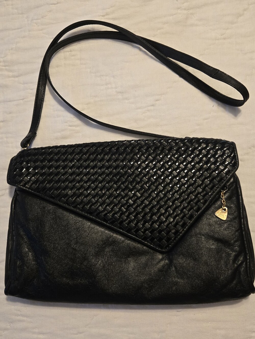 Brio! Vintage 80s Black Leather Purse Crossbody Or Clutch Woven Details